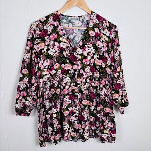 VTG Mirrors Floral Babydoll Tunic Top V Neck‎ 3/4 Sleeve Black Pink Flowers Med